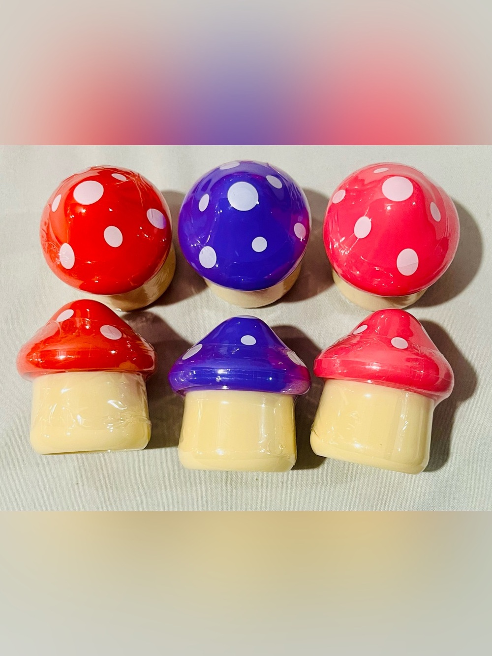 6 Pack- Colorful Mushroom Stackable Lip Balm - Red, Purple & Pink